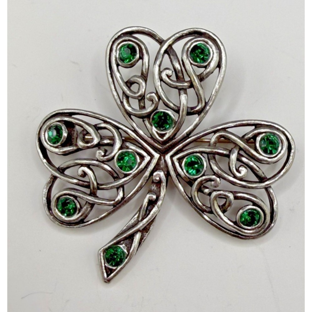 Vtg SOL D'OR Signed Shamrock Brooch Green Rhinestone Celtic Knot Clover Irish